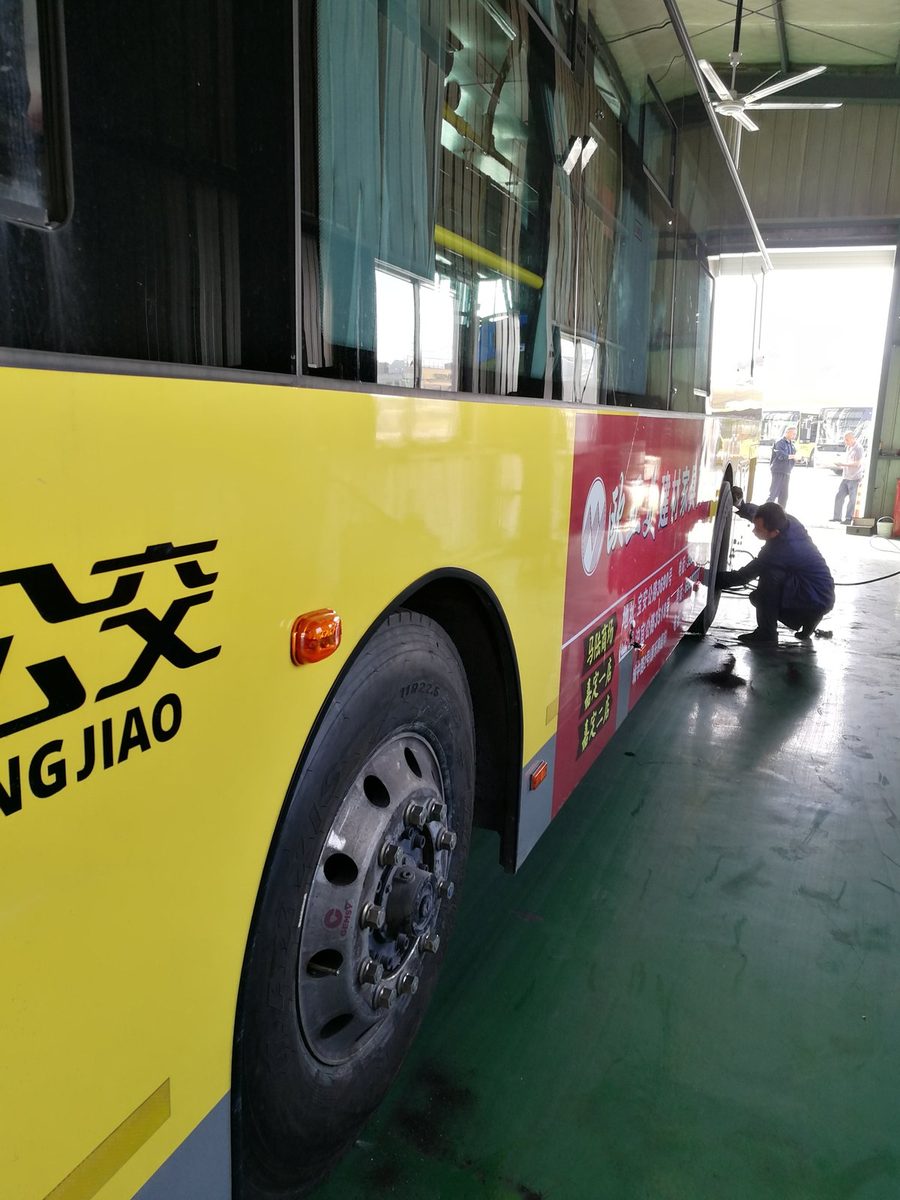 City bus with tyre-pressure monitoring system installed